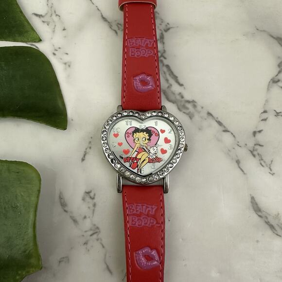 Betty Boop Vintage Y2k Womens Wrist Watch Red Heart Face Rhinestones Kiss - Picture 2 of 4